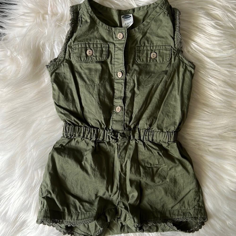 Old Navy Army Green Tank & Shorts Romper w/ Snap Bottom & Button Up Size 6-12m